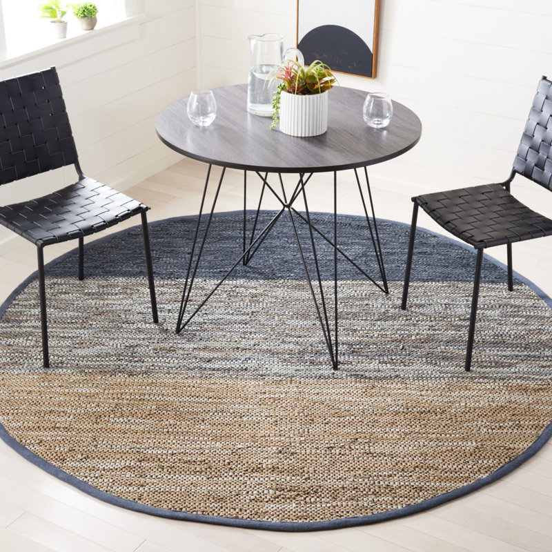 Grund Hand Woven Leather/Cotton/Jute Rug in Blue/Gray, Round 7'