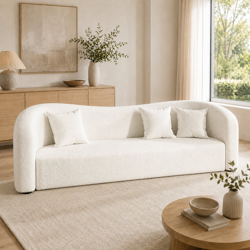 Canapé incurvé moderne en sherpa de 91 po, siège à 4 places crème profond avec structure en bois massif et 3 coussins décoratifs