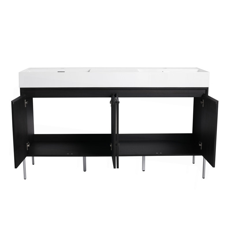 Meuble-lavabo autoportant de 60 po avec double lavabo en résine, armoire de rangement avec portes à fermeture douce
