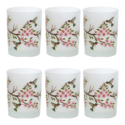 Set of Six White Green And Pink Hummingbird Floral Glass Votive Candle Holders