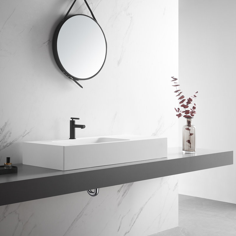Bathroom Sink, Solid Surface Material, Wall-Mount or Countertop Install, 47" with Single Faucet Hole, White