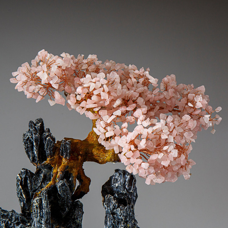Genuine Rose Quartz Gemstone Bonsai Tree in Squarel Ceramic Pot (13")