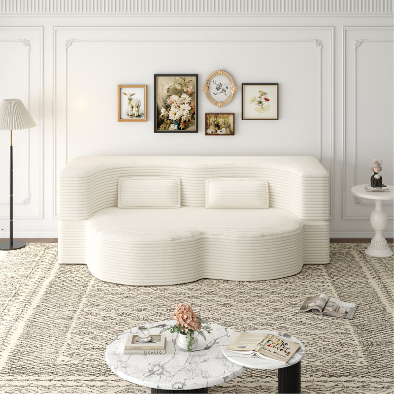 Canapé-lit moderne avec 2 coussins, canapé-lit convertible en velours côtelé rembourré de mousse, matelas pliant double de 15 po pour le salon, lit d'invité, sans assemblage requis, beige / blanc