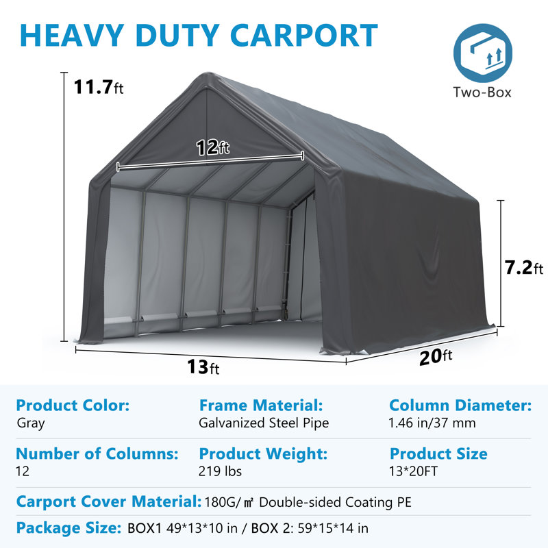 GARTOO 13 Ft. W x 20 Ft. D Outdoor Heavy Duty Peaked Portable Garage, Galvanized Steel Anti-Snow Carport