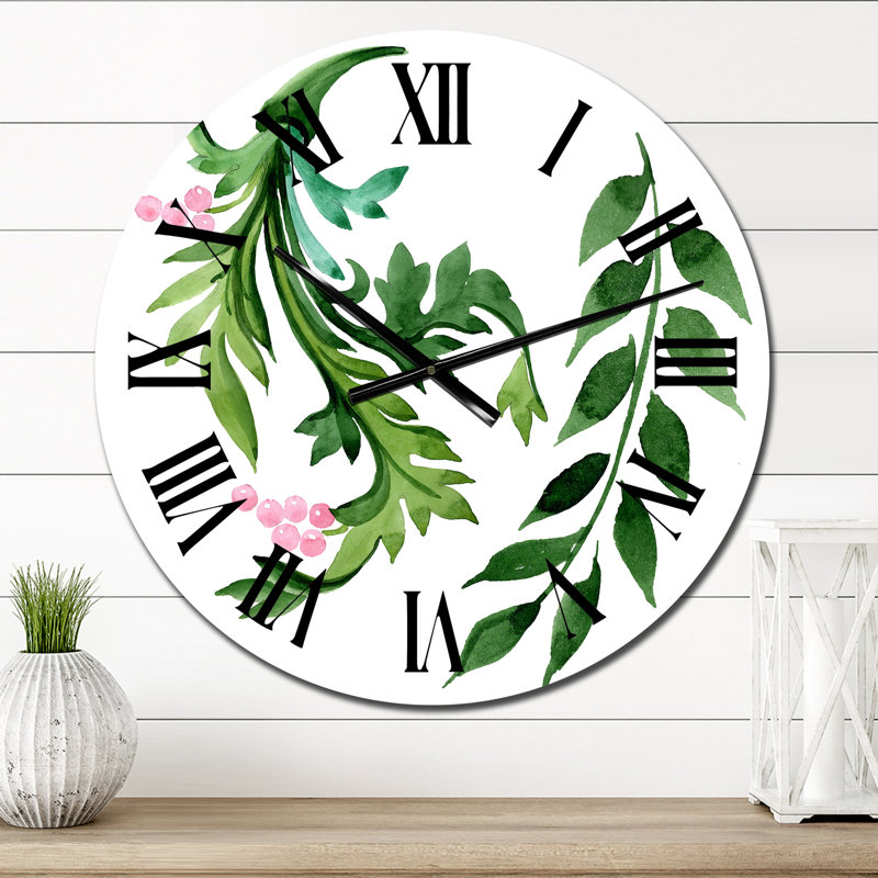 Feuilles vertes d'hiver sur fond blanc - horloge murale traditionnelle, Petit