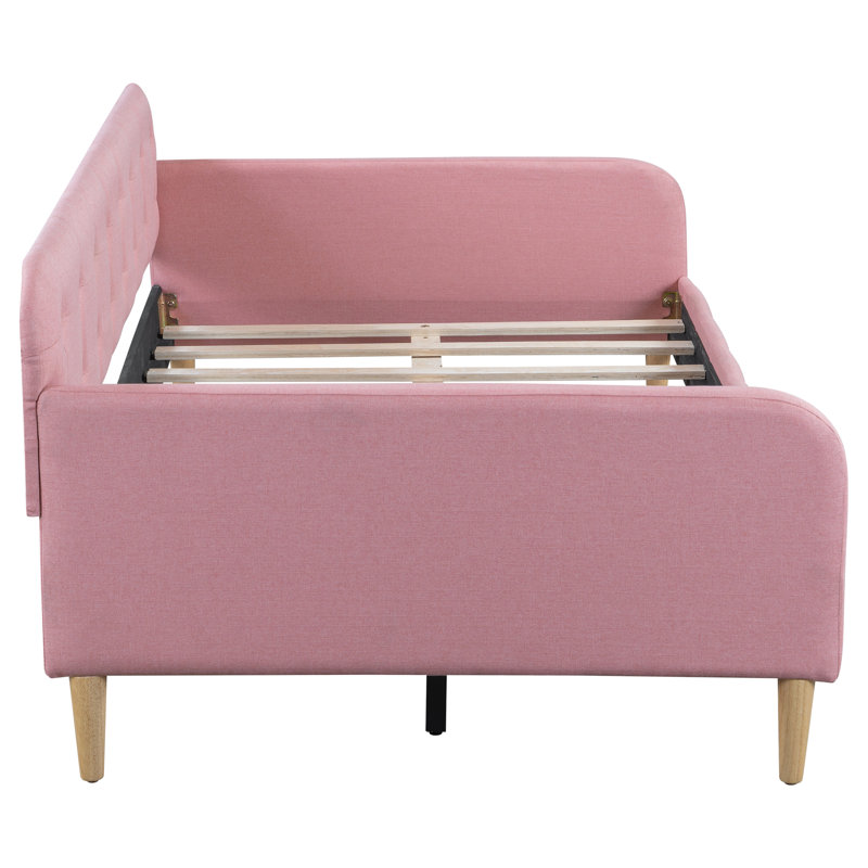 Pink Twin Upholstered Daybed Solid Wood Support Adjustable Back Height, Twin, Pink