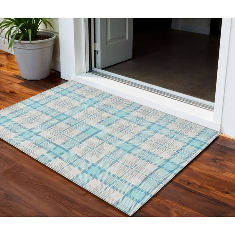 3' X 5' Aqua And Gray Plaid Washable Indoor Outdoor Area Rug