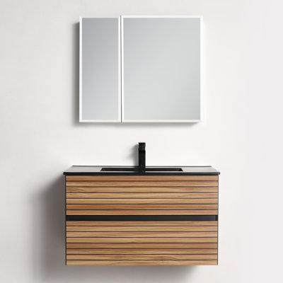 36" Floating Bathroom Vanity with Sink – Wall-Mounted All-Wood Cabinet with Soft-Close Drawers, Open-Back Design & Durable Ceramic Top
