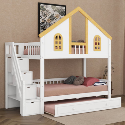 Lit superposé cabane avec lit gigogne et escalier de rangement – ​​Lit mezzanine en bois avec fenêtres, porte et toit (décorable)