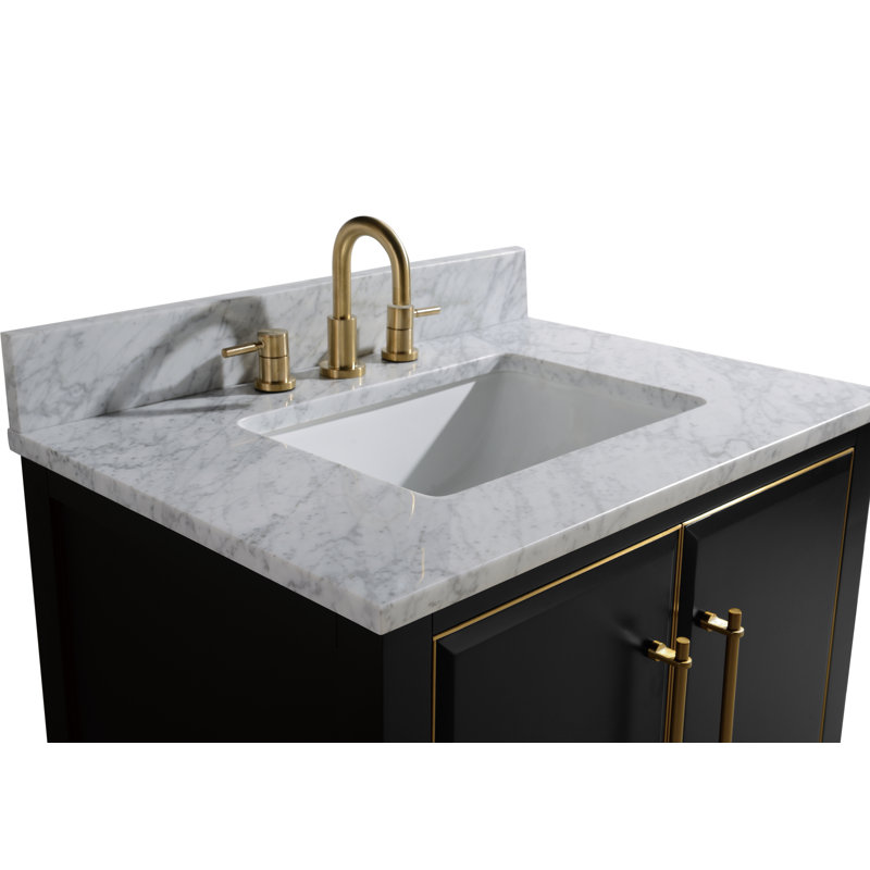 Mason 30" Single Bathroom Vanity with Carrara Marble Top, Navy Blue, Carrara White, Matte Gold