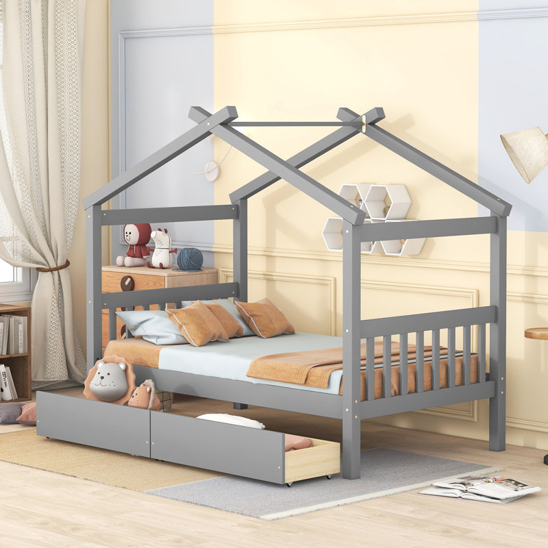 Lit simple en bois avec tiroirs, Gris