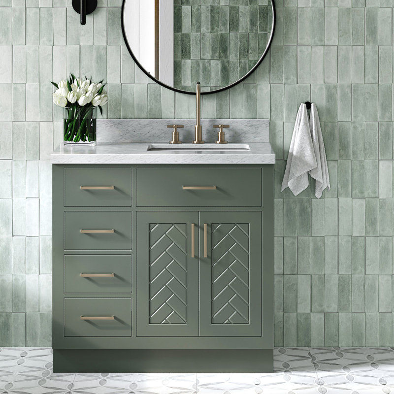 Ensemble de meuble-lavabo rectangulaire rectangulaire droit 37 "à chevrons avec comptoir en marbre blanc de Carrare blanc rétro 1,5"