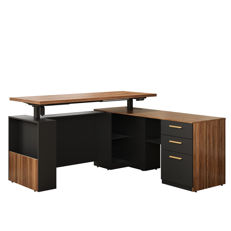 Bureau debout électrique en L à hauteur ajustable en L de 63 po avec classeur à 3 tiroirs, panneau d'intimité, AC / USB, bureau de coin assis-debout, noyer noir Adonia