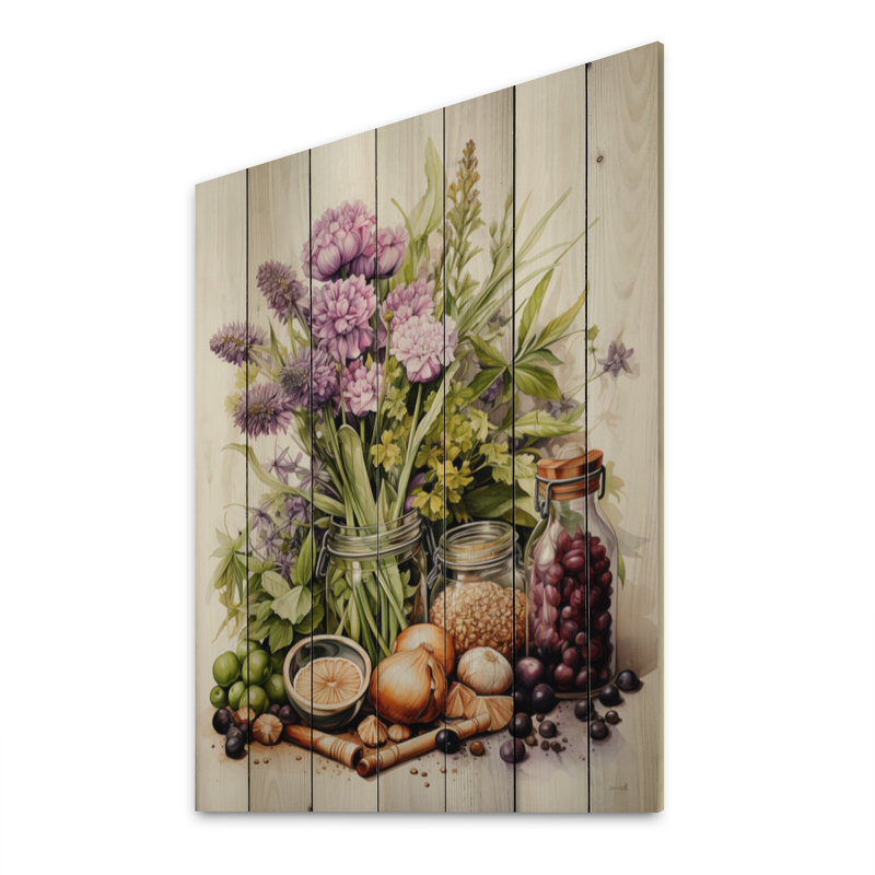Imprimé délicat sur bois pourpre, vert, herbes alimentaires, H 40 po x l 30 po x P 0,78 po