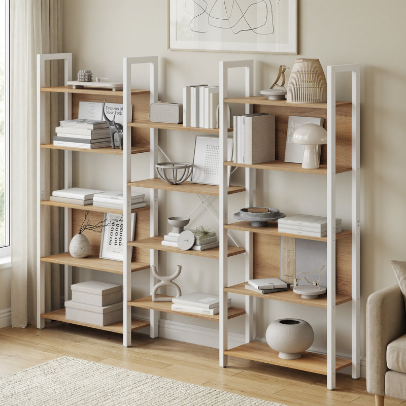 Jaliyah 166cm H x 158cm W Steel Etagere Bookcase, Golden Oak