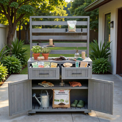 Large Patio Kitchen Island Grill Cart With Stainless Table Top, Movable Small Shelves, 2 Drawers And Cabinet