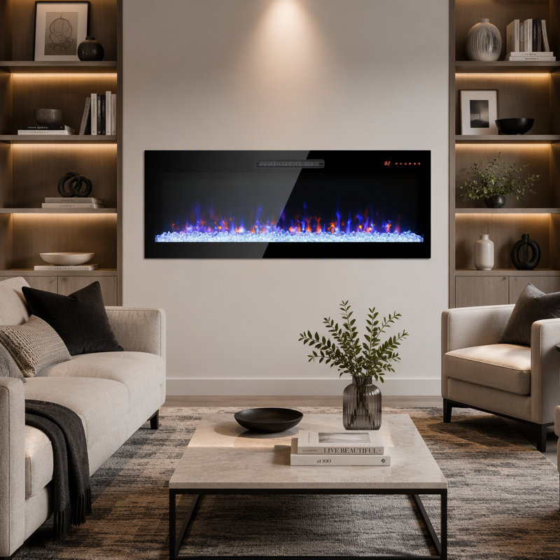 Foyer électrique mural encastré en verre trempé ultra-mince de 60 pouces avec télécommande et flamme multicolore