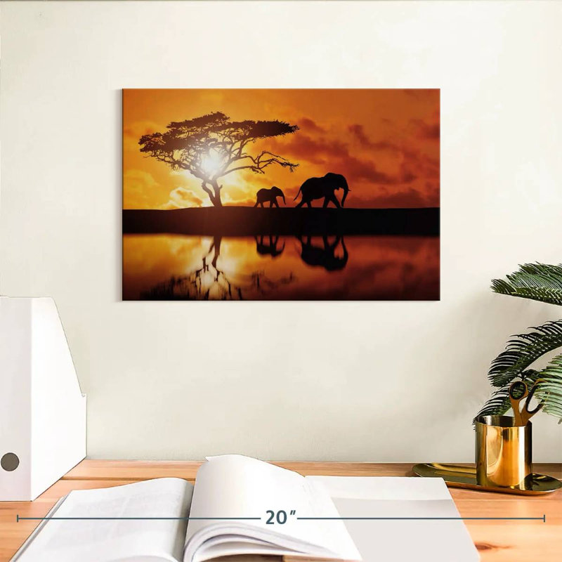 Silhouettes d'éléphants Brampt au coucher du soleil, H 8 po x l 12 po