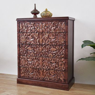 Hand-Carved Solid Wood 5-Drawer Accent Chest