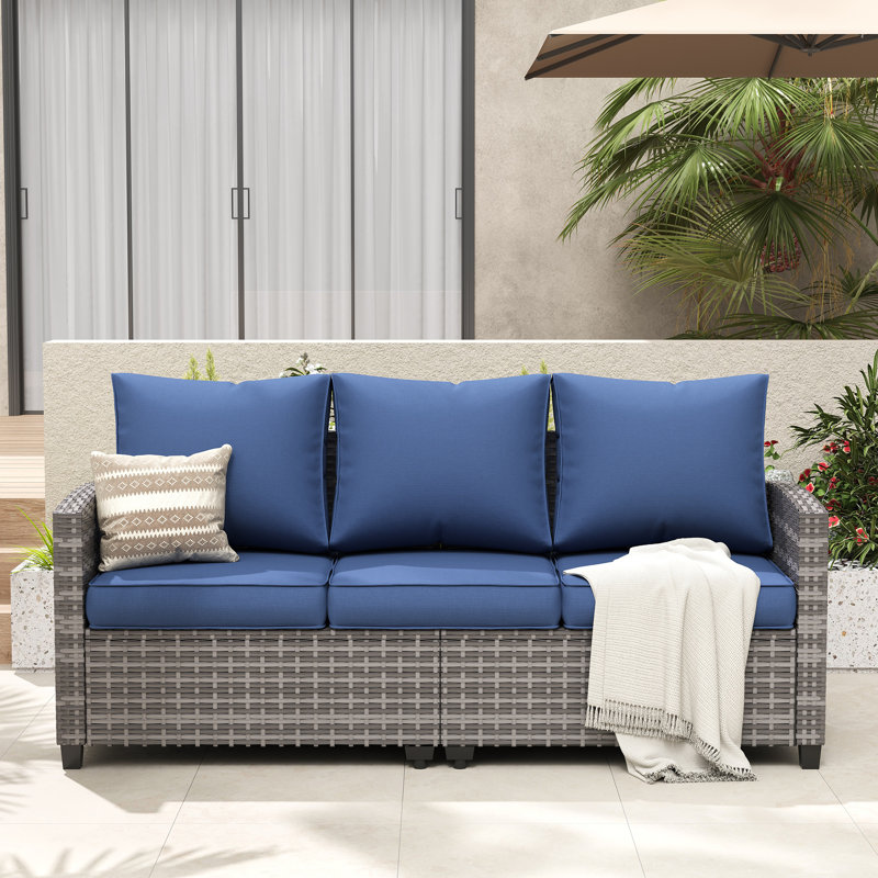 Canapé de patio extérieur en osier toutes saisons de 79 po avec coussins Vancouver, Coussin bleu marine / structure grise