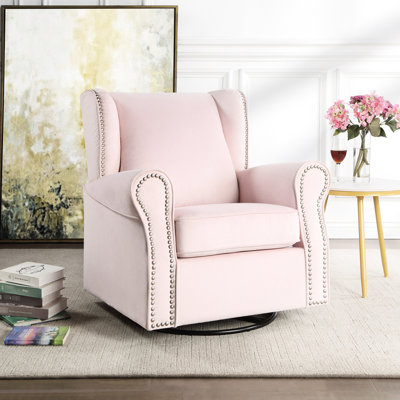 Chaise pivotante rose, revêtement en tissu, base en bois massif et en composite, assise en mousse à haute densité à ressorts ensachés, coussin amovible, siège pivotant à 360 degrés, garniture cloutée, siège rembourré de 20 po