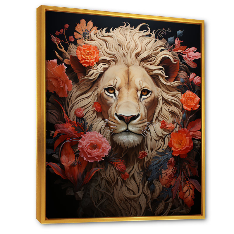«Fierce Guardian Blooming Lion», reproduction d'art sur toile, Cadre flottant doré, H 44 po x l 34 po x P 1,5 po