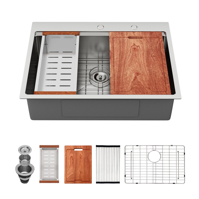 Workstation Farmhouse Right Angle Drop-In Kitchen Sink With Accessories, 30" L x 22" W