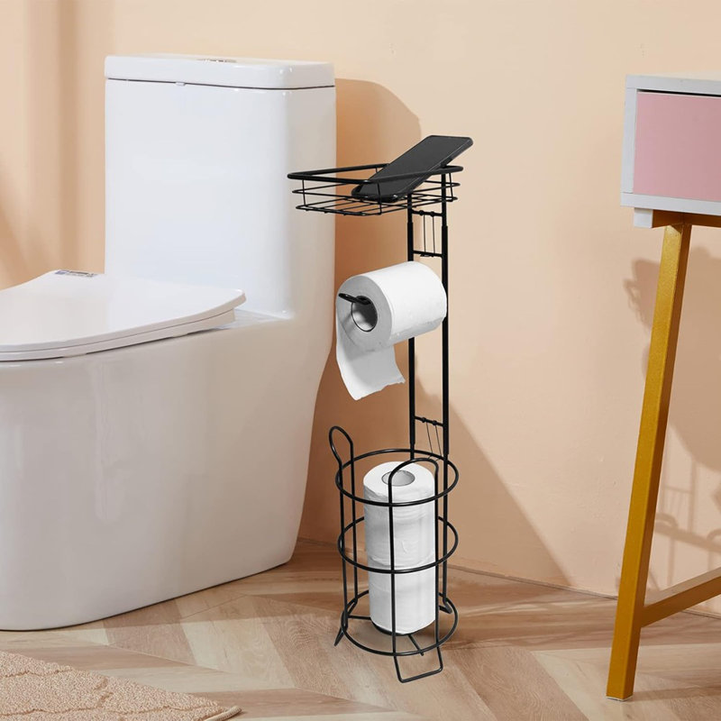 Porte-papier hygiénique sur pied avec base surélevée et tablette supérieure - Distributeur de papier hygiénique noir