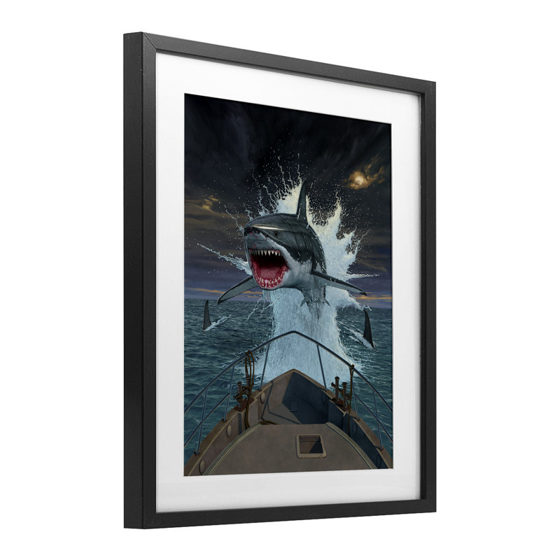 Fish Out Of Water Shark Framed Print Under Glass, design by Vincent Hie, Midnight Black Frame, 21" H x 17" W