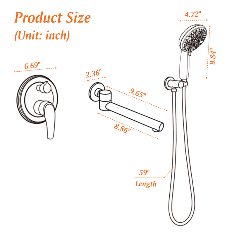 Système de douche à 2 fonctions avec douchette et bec de baignoire, Or brossé