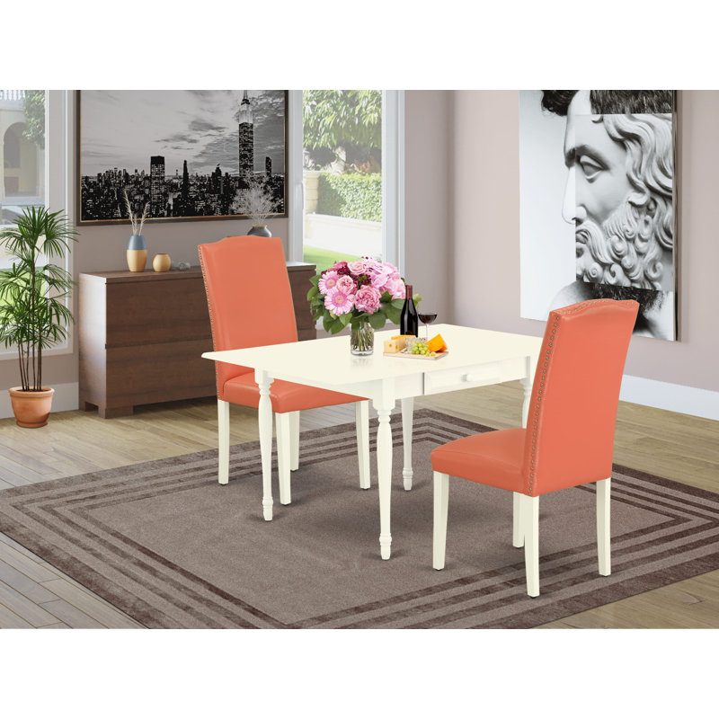 L'ensemble de meubles de salle à manger 3 pièces contient une table de salle à manger rectangulaire avec Dropleaf et 2 chaises parsons en simili cuir flamant rose, lin blanc
