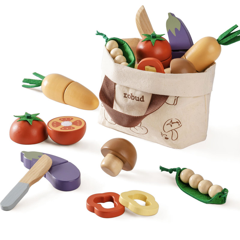 Wooden Play Food Cutting Vegetable Set, Pretend Play Toy Food for Play Kitchen with Shopping Bag