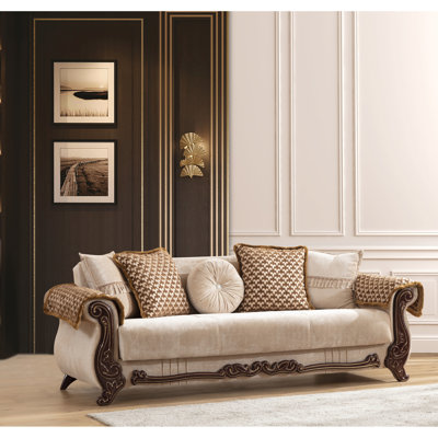 Chenille beige de luxe avec dossier rembourré, structure en bois, lit et rangement contemporain en tissu pratique et pratique