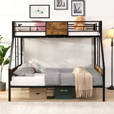 Lit simple superposé simple en métal avec échelle à 2 côtés et garde-corps sur toute la longueur, sans sommier, grand rangement sous le lit, assemblage facile, noir et brun