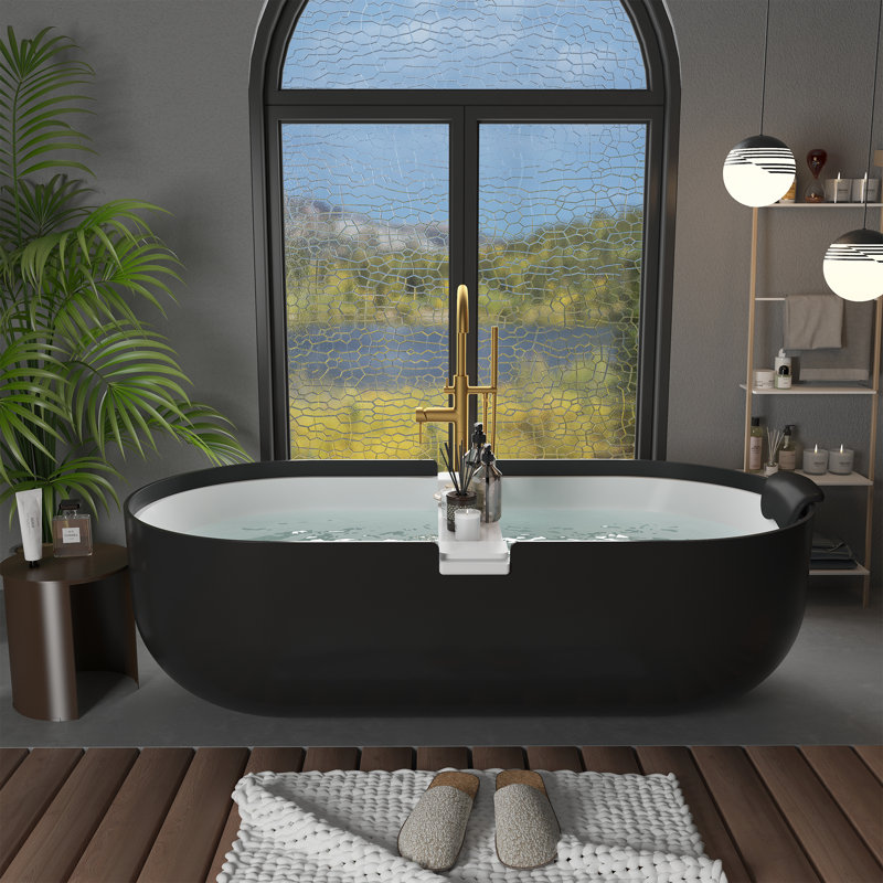 Hudson 71" x 35.4" Freestanding Soaking Bathtub Solid Surface Bathroom Tub with Black Bath