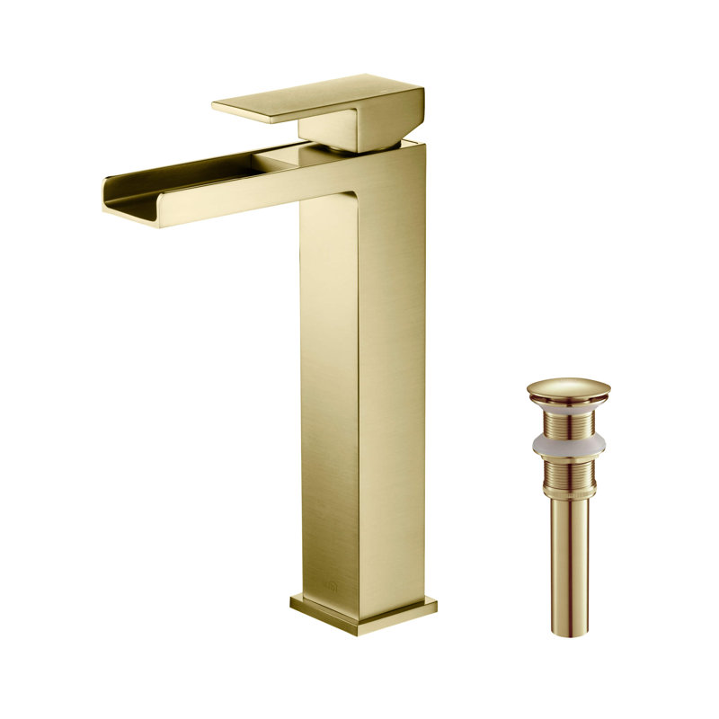 Waterfall Single-handle Bathroom Faucet with Drain Assembly, Brush Gold, With Drain Assembly