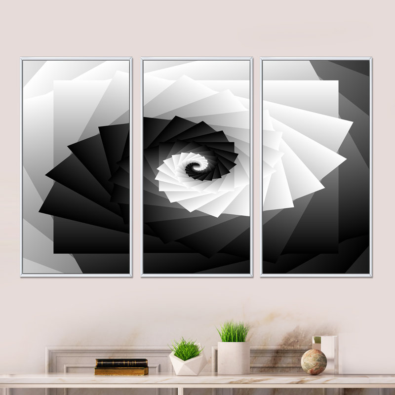 «Black and White Rotating Squares Spirals», reproduction de cadre flottant sur toile 3 pièces, H 20 po x l 36 po x P 1 po