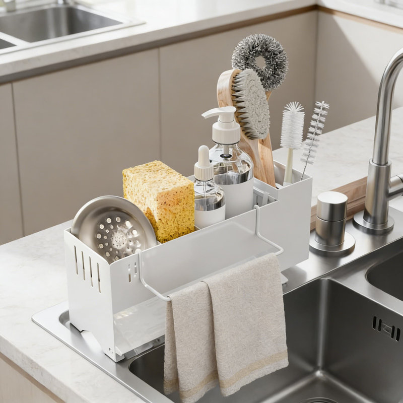 Organisateur de bac d'évier avec système de vidange automatique, éponge antirouille et porte-brosse pour un rangement de comptoir de cuisine peu encombrant