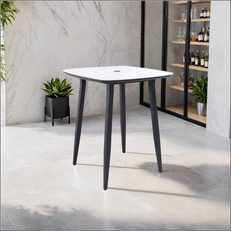 Table de bar extérieure carrée moderne moderne de 35,4 po avec plateau en pierre frittée d'inspiration marbre blanc grec, trou de parasol et structure en aluminium antirouille, noir braise, résistant aux intempéries pour le jardin et la piscine