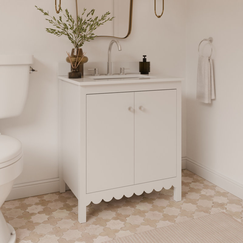 Scalloped 36 Inch Single Bowl Vanity - Light Grey - With Top - Gold Knobs, Gris / Nickel brossé, 30"