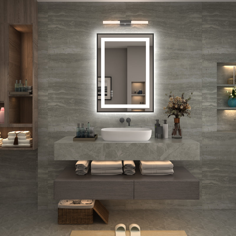 Matte Black LED Lighted Anti-Fog Vanity Mirror with Tempered Glass, 28" x 20"