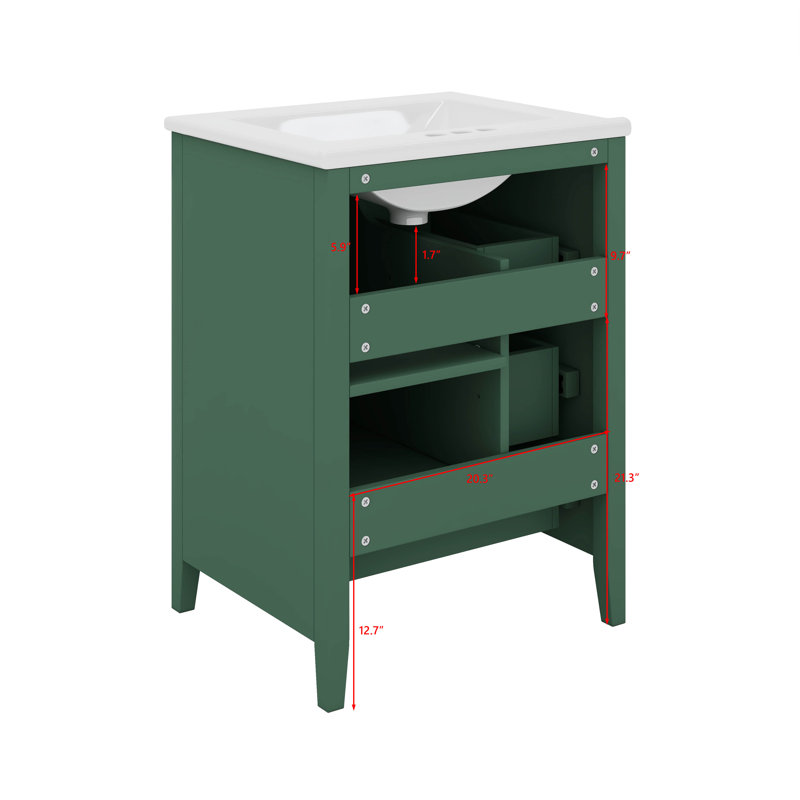 24-Inch Bathroom Vanity With Ceramic Sink, Adjustable Shelf And Storage, Dark Green