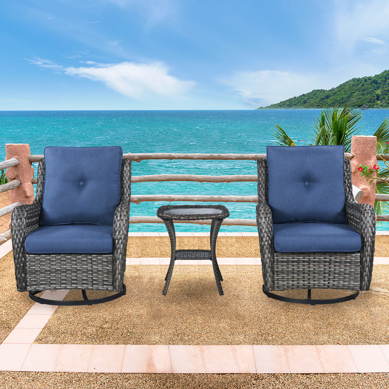Johnda Patio Swivel Wicker Outdoor Rocking Chairs with Side Table 3 - Pieces, Navy