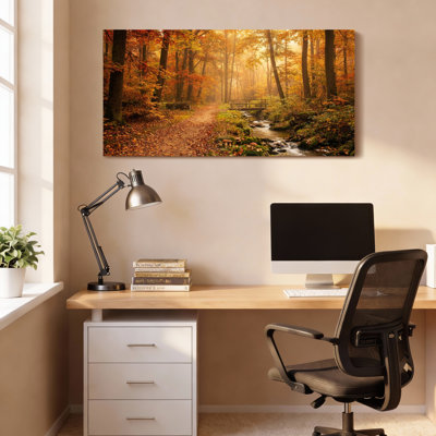 Autumn Forest Path With Stream And Wooden Bridge Canvas Wrapped Wall Art Oil Painting Print Set Of 1