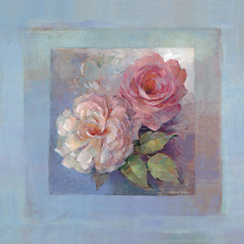 Roses on Blue I - reproduction d'un seul cadre photo, Non, H 30 po x l 30 po x P 1,25 po, Toile avec cadre noyer