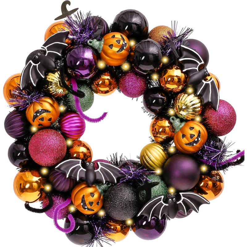 Couronne d'Halloween pour porte d'entrée avec lumières, guirlande de citrouille mignonne pré-éclairée de 12 pouces avec guirlande incassable pour centre de table
