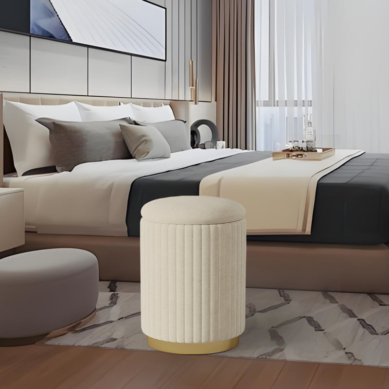 Jaishawn 12.6“ Round Velvet Upholstered Ottoman with Storage, White Fabric