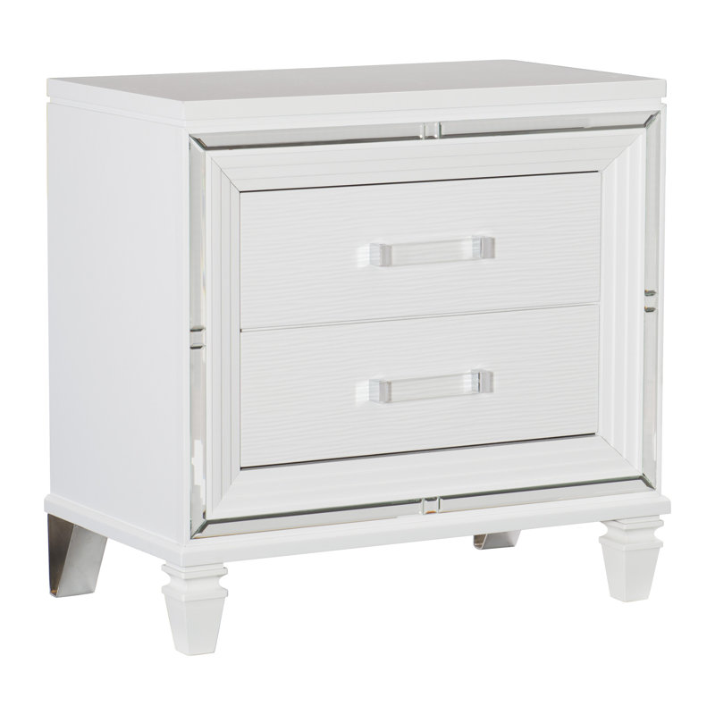 Élégante table de chevet avec 2 tiroirs et poignées barres en acrylique blanc argenté | Idée de cadeau