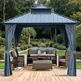 Pavillon de jardin à double toit en acier galvanisé de 10 pi x 10 pi avec filet et rideaux pour la pelouse, le patio et la cour