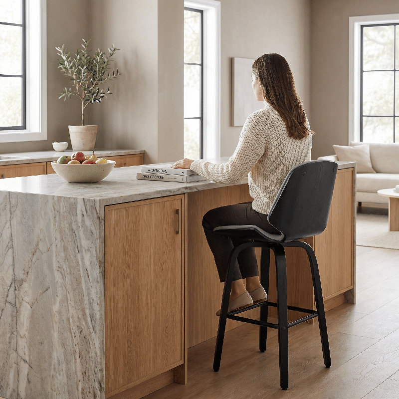Altherr Mid-Century Modern Swivel 26 in. Armless Wood Counter Height Bar Stool with Faux Leather Seat, Gray, Black